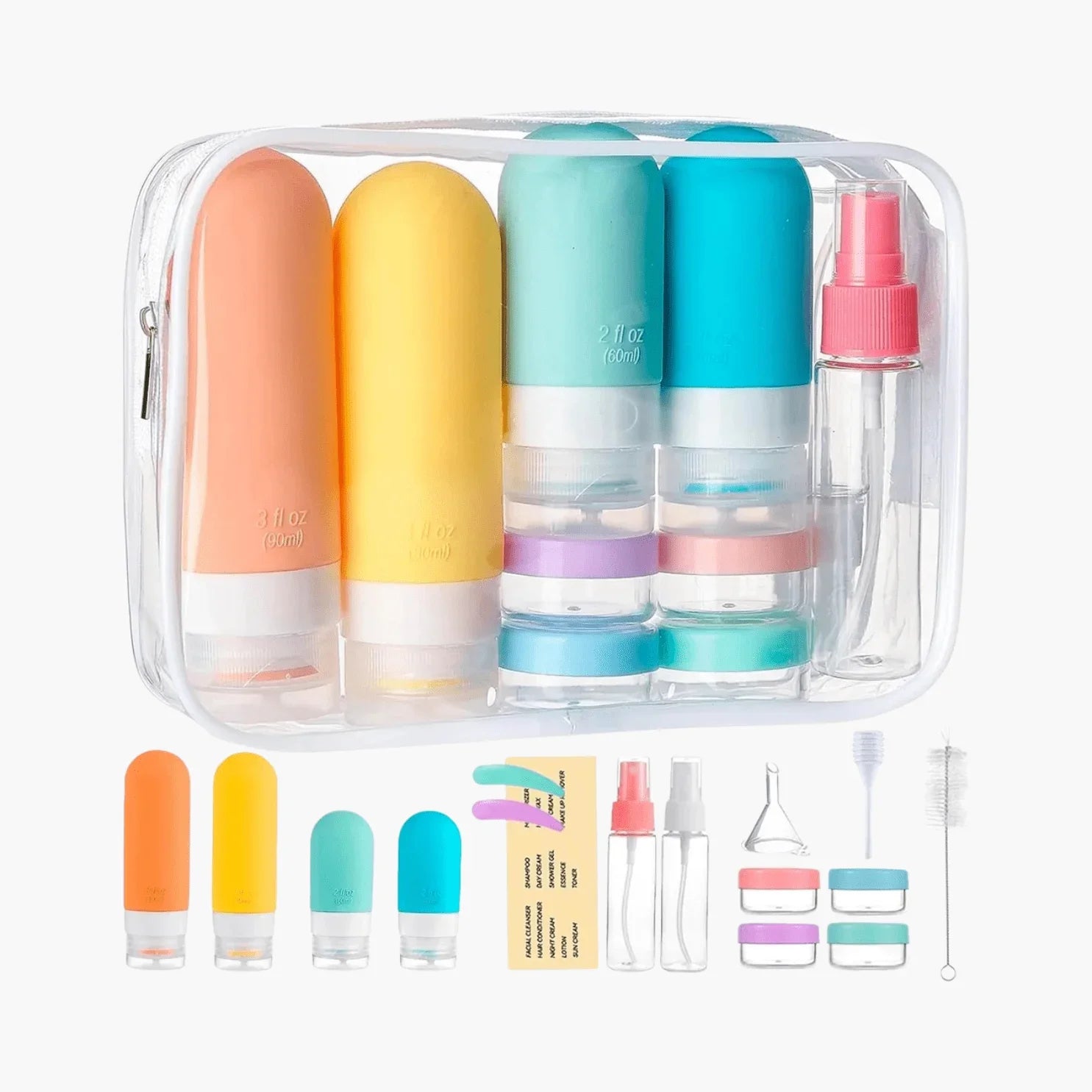 Kit Silicase com 4 frascos de silicone coloridos para viagem de 90ml e nécessaire transparente, ideal para levar produtos de higiene na bagagem de mão.