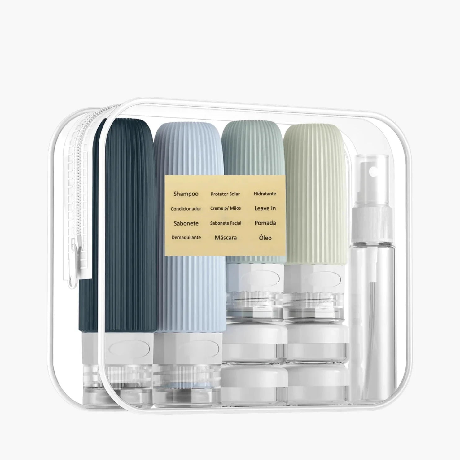 Kit Silicase com 4 frascos de silicone coloridos para viagem de 90ml e nécessaire transparente, ideal para levar produtos de higiene na bagagem de mão.