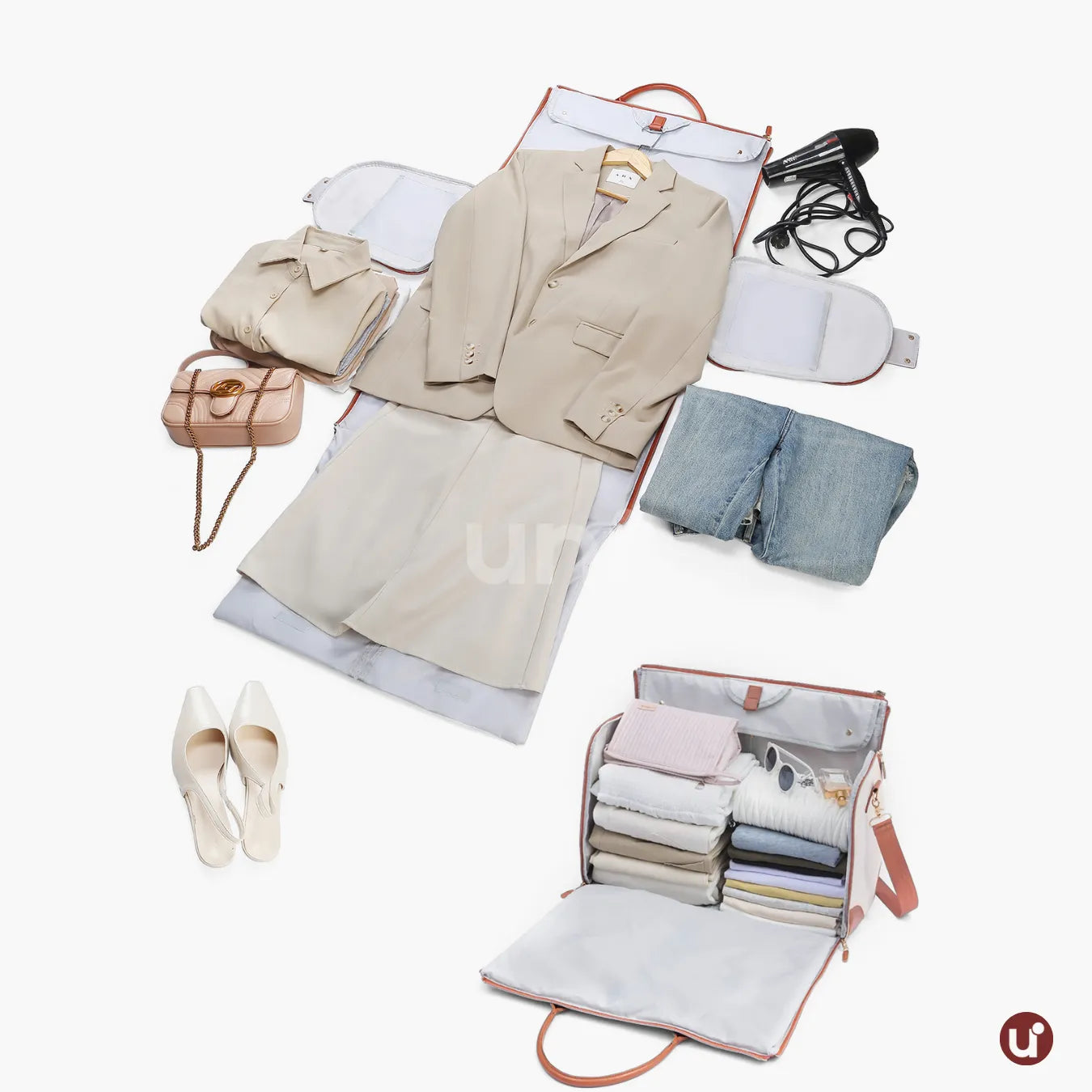 Kit de viagem feminino e masculino contendo a mala rígida de bordo Novatech com rodinhas e a bolsa JetSetFemme em couro PU acoplada na alça, demonstrando elegância e praticidade para o aeroporto.