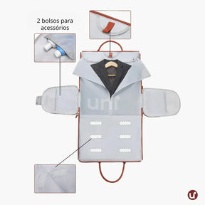 Kit de viagem feminino e masculino contendo a mala rígida de bordo Novatech com rodinhas e a bolsa JetSetFemme em couro PU acoplada na alça, demonstrando elegância e praticidade para o aeroporto.
