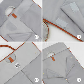 Kit de viagem feminino e masculino contendo a mala rígida de bordo Novatech com rodinhas e a bolsa JetSetFemme em couro PU acoplada na alça, demonstrando elegância e praticidade para o aeroporto.
