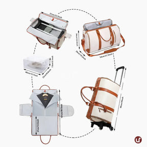 Kit de viagem feminino e masculino contendo a mala rígida de bordo Novatech com rodinhas e a bolsa JetSetFemme em couro PU acoplada na alça, demonstrando elegância e praticidade para o aeroporto.