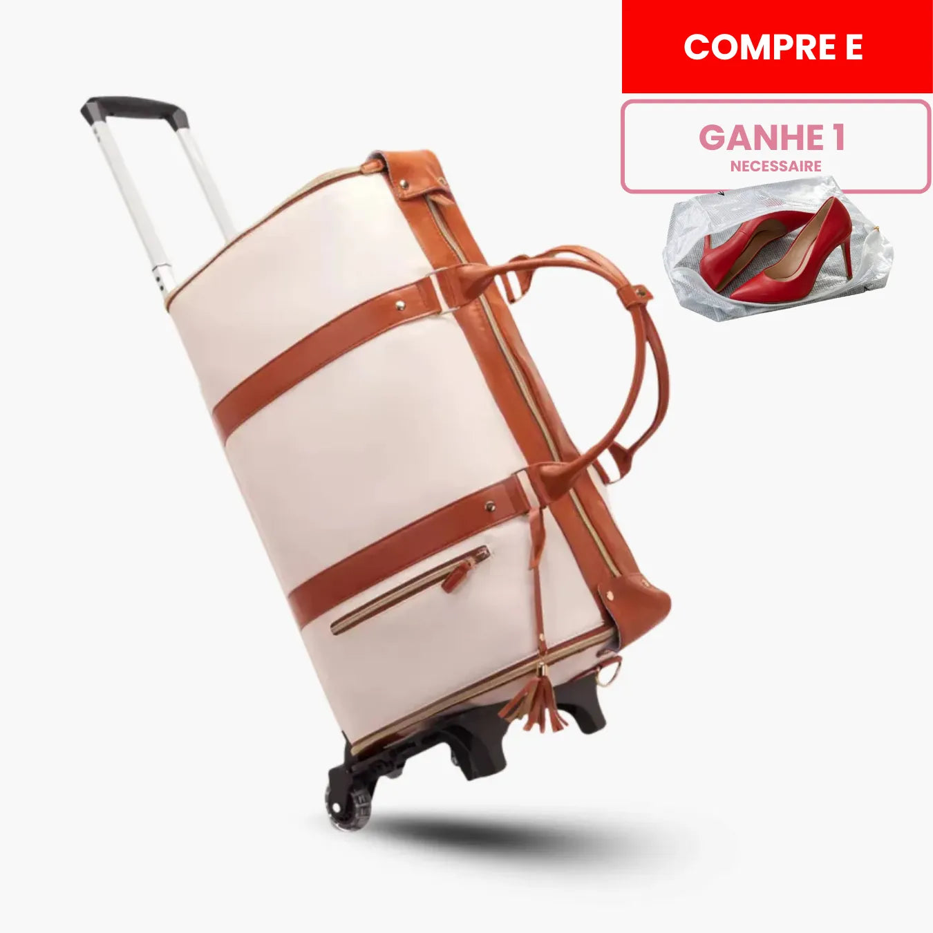 Kit de viagem feminino e masculino contendo a mala rígida de bordo Novatech com rodinhas e a bolsa JetSetFemme em couro PU acoplada na alça, demonstrando elegância e praticidade para o aeroporto.