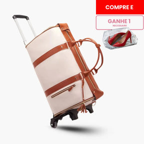Kit de viagem feminino e masculino contendo a mala rígida de bordo Novatech com rodinhas e a bolsa JetSetFemme em couro PU acoplada na alça, demonstrando elegância e praticidade para o aeroporto.