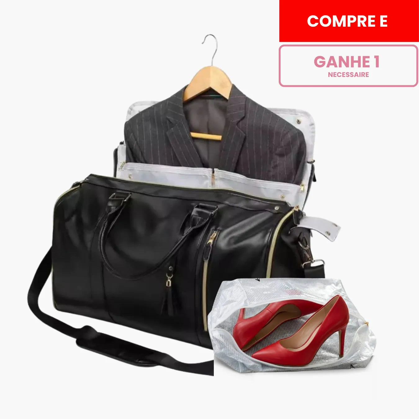 Kit de viagem feminino e masculino contendo a mala rígida de bordo Novatech com rodinhas e a bolsa JetSetFemme em couro PU acoplada na alça, demonstrando elegância e praticidade para o aeroporto.