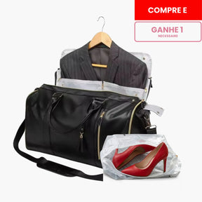 Kit de viagem feminino e masculino contendo a mala rígida de bordo Novatech com rodinhas e a bolsa JetSetFemme em couro PU acoplada na alça, demonstrando elegância e praticidade para o aeroporto.
