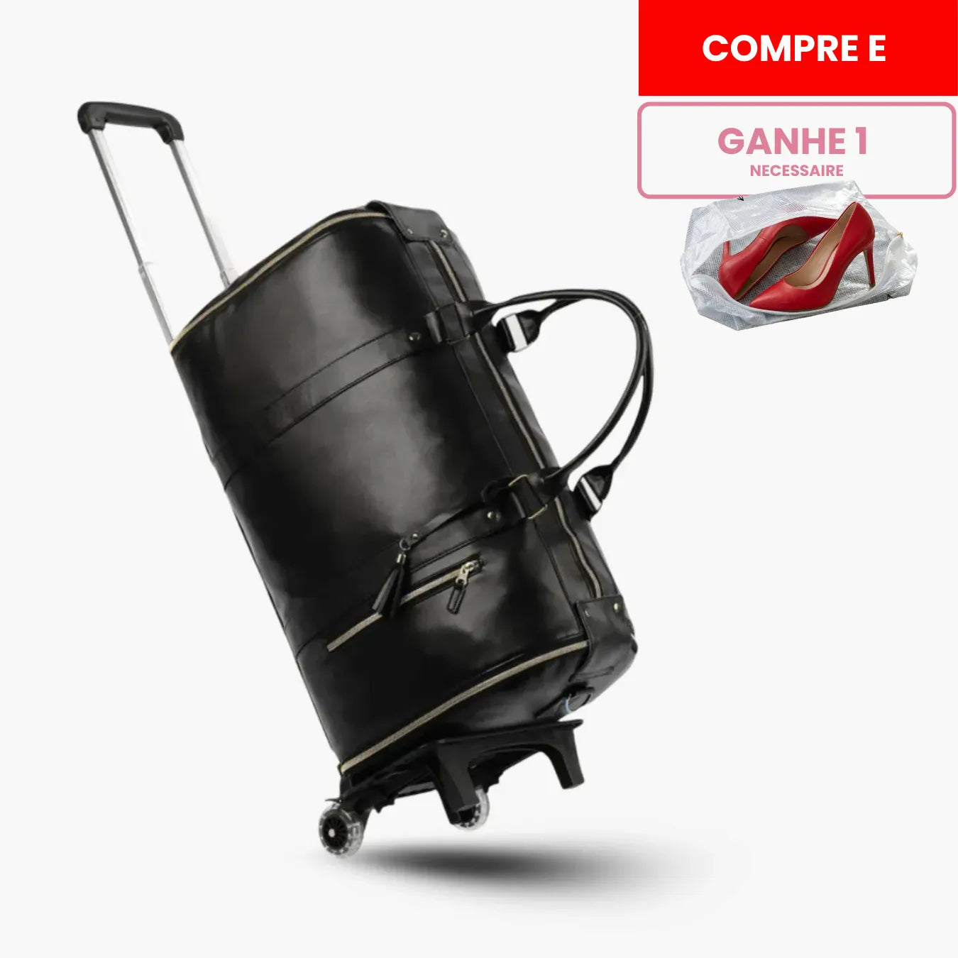 Kit de viagem feminino e masculino contendo a mala rígida de bordo Novatech com rodinhas e a bolsa JetSetFemme em couro PU acoplada na alça, demonstrando elegância e praticidade para o aeroporto.