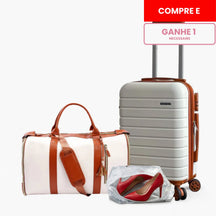 Kit de viagem feminino e masculino contendo a mala rígida de bordo Novatech com rodinhas e a bolsa JetSetFemme em couro PU acoplada na alça, demonstrando elegância e praticidade para o aeroporto.
