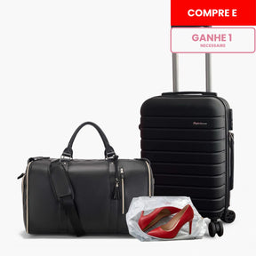 Kit de viagem feminino e masculino contendo a mala rígida de bordo Novatech com rodinhas e a bolsa JetSetFemme em couro PU acoplada na alça, demonstrando elegância e praticidade para o aeroporto.
