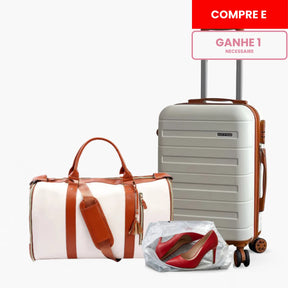 Kit de viagem feminino e masculino contendo a mala rígida de bordo Novatech com rodinhas e a bolsa JetSetFemme em couro PU acoplada na alça, demonstrando elegância e praticidade para o aeroporto.
