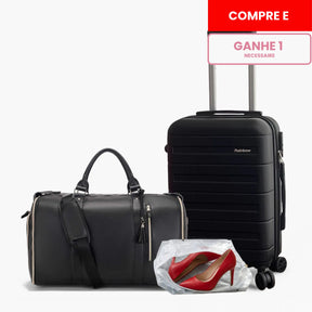 Kit de viagem feminino e masculino contendo a mala rígida de bordo Novatech com rodinhas e a bolsa JetSetFemme em couro PU acoplada na alça, demonstrando elegância e praticidade para o aeroporto.