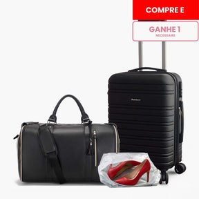 Kit de viagem feminino e masculino contendo a mala rígida de bordo Novatech com rodinhas e a bolsa JetSetFemme em couro PU acoplada na alça, demonstrando elegância e praticidade para o aeroporto.