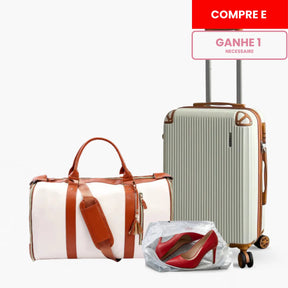 Kit de viagem feminino e masculino contendo a mala rígida de bordo Novatech com rodinhas e a bolsa JetSetFemme em couro PU acoplada na alça, demonstrando elegância e praticidade para o aeroporto.
