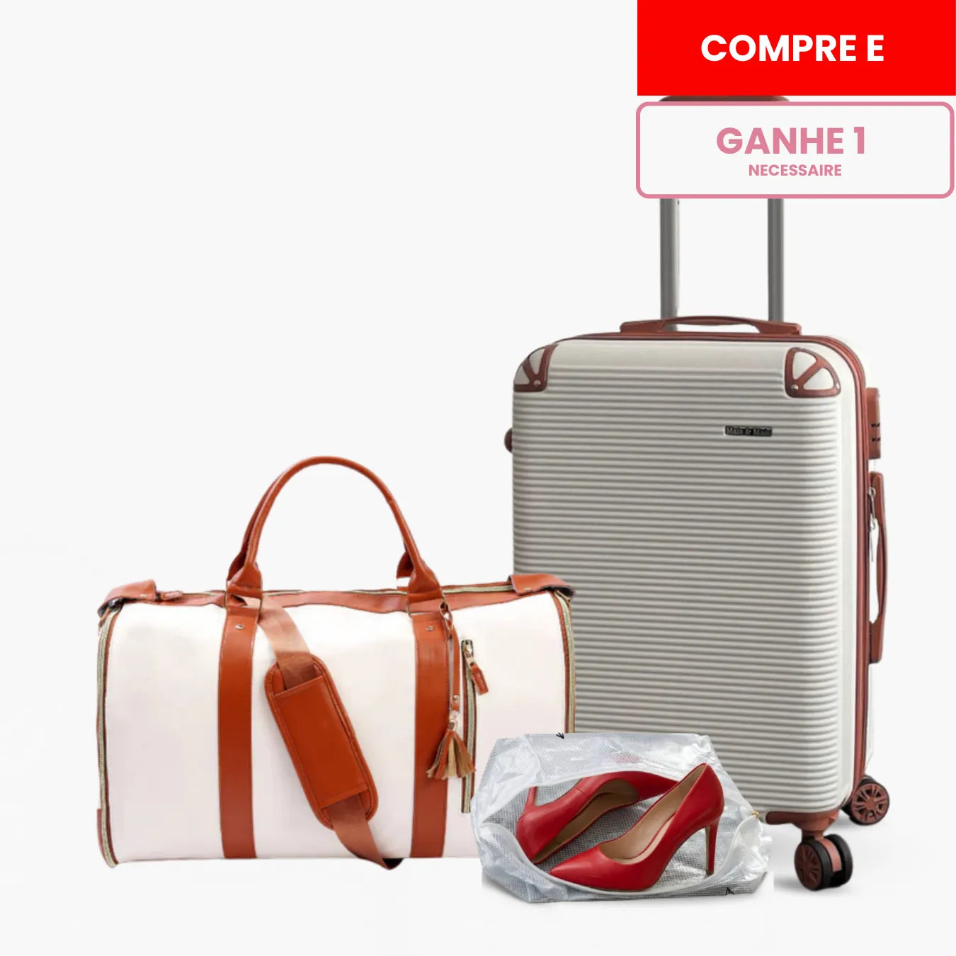 Kit de viagem feminino e masculino contendo a mala rígida de bordo Novatech com rodinhas e a bolsa JetSetFemme em couro PU acoplada na alça, demonstrando elegância e praticidade para o aeroporto.
