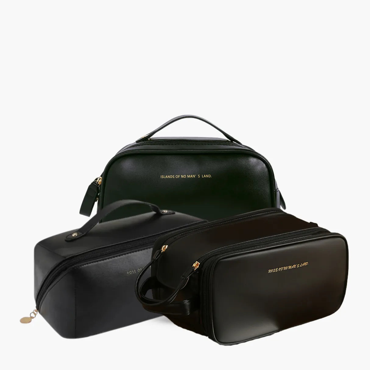 Kit Luxbag com três nécessaires femininas premium em couro ecológico, organizadas juntas para demonstrar os diferentes tamanhos ideais para viagens e rotina diária.