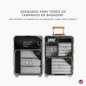 Kit organizador de mala de viagem UniEscolhas com 6 peças em nylon premium, ideal para manter a bagagem feminina perfeitamente arrumada e compacta.