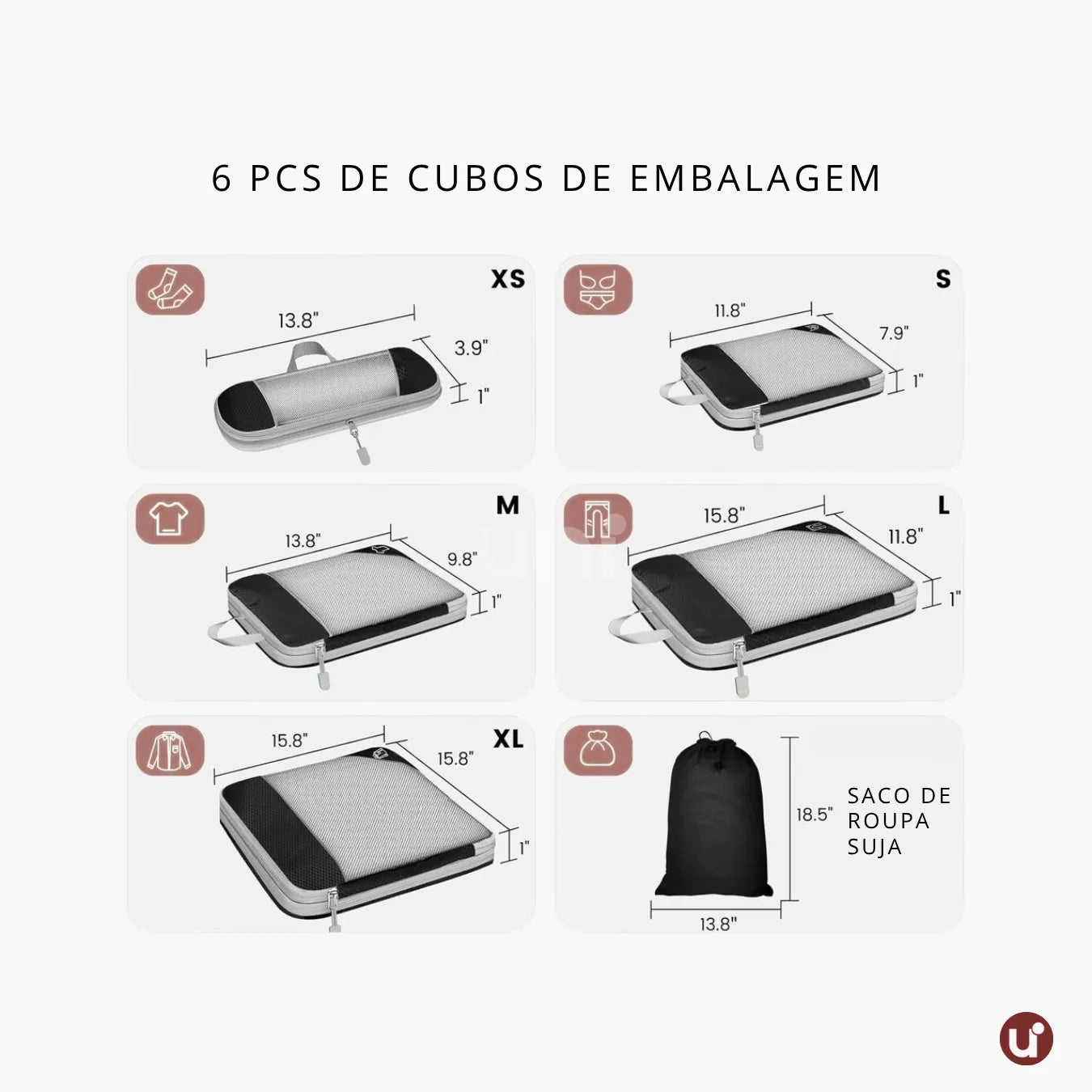 Kit organizador de mala de viagem UniEscolhas com 6 peças em nylon premium, ideal para manter a bagagem feminina perfeitamente arrumada e compacta.