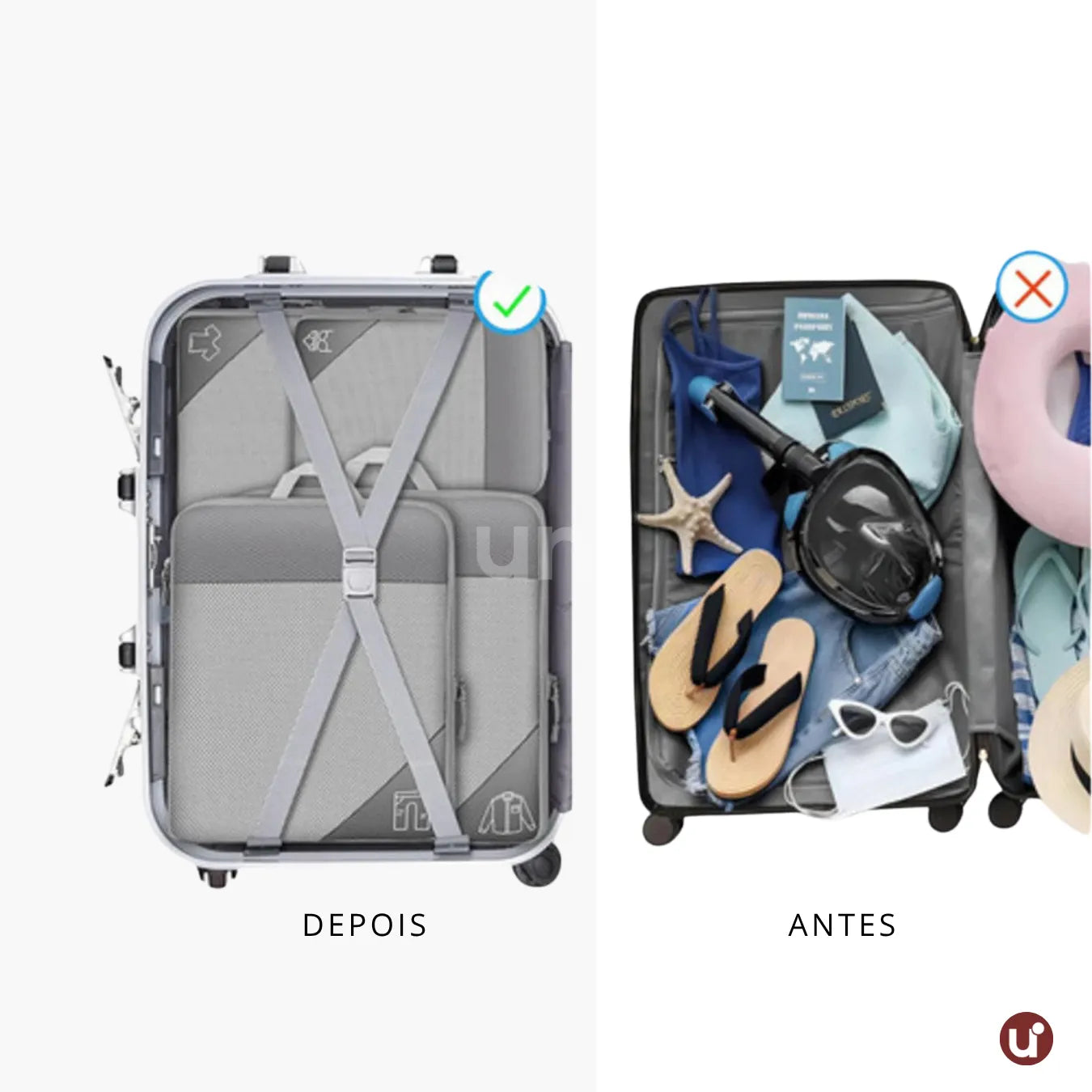 Kit organizador de mala de viagem UniEscolhas com 6 peças em nylon premium, ideal para manter a bagagem feminina perfeitamente arrumada e compacta.