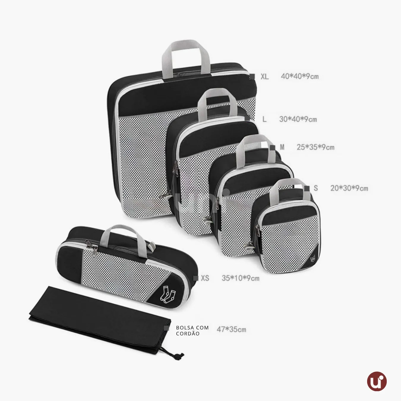 Kit organizador de mala de viagem UniEscolhas com 6 peças em nylon premium, ideal para manter a bagagem feminina perfeitamente arrumada e compacta.
