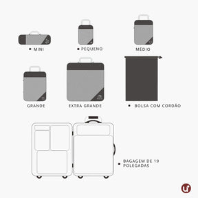 Kit organizador de mala de viagem UniEscolhas com 6 peças em nylon premium, ideal para manter a bagagem feminina perfeitamente arrumada e compacta.
