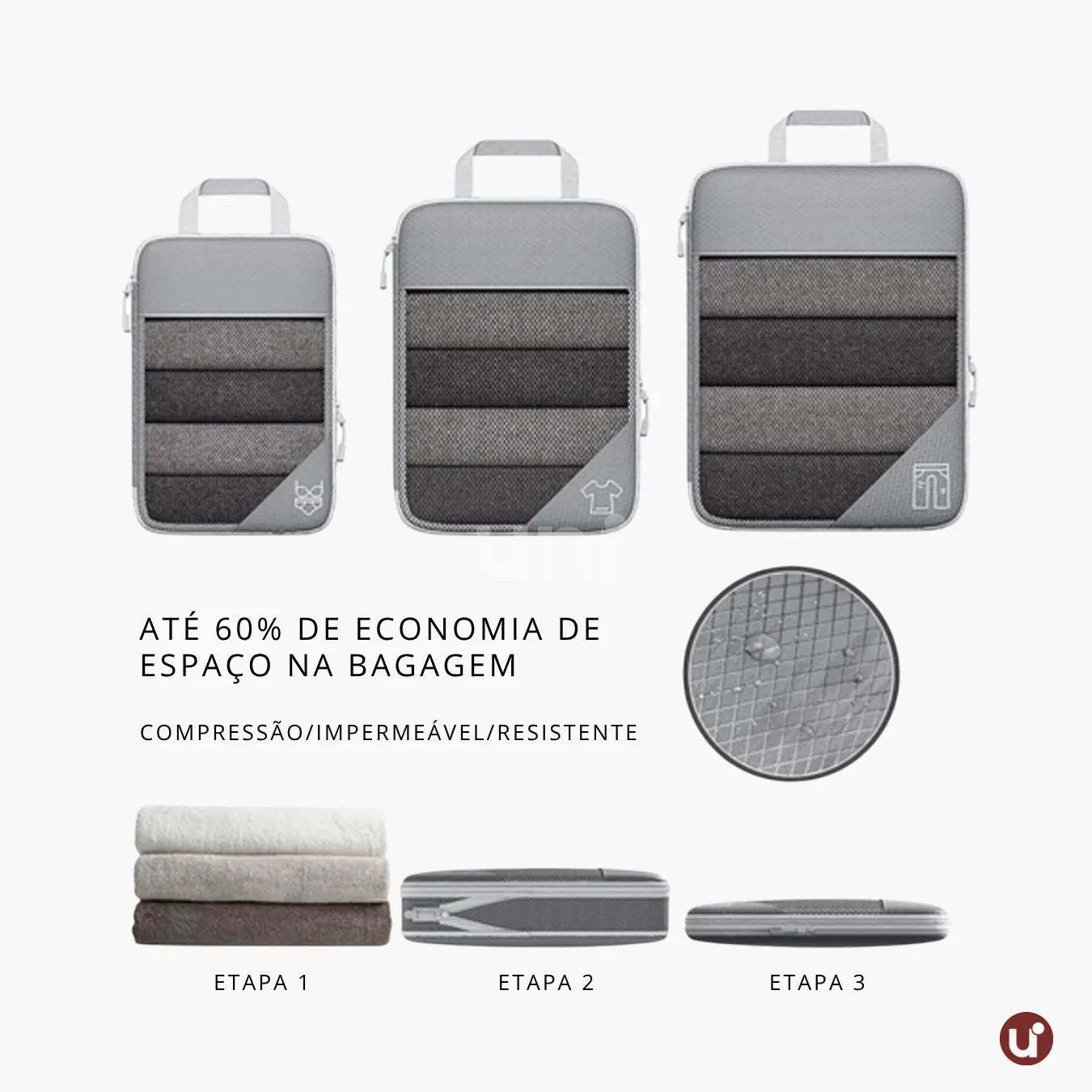Kit organizador de mala de viagem UniEscolhas com 6 peças em nylon premium, ideal para manter a bagagem feminina perfeitamente arrumada e compacta.