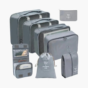 Kit organizador de mala VibePack contendo bolsas de diferentes tamanhos para roupas, sapatos e cosméticos, ideal para manter a bagagem feminina perfeitamente arrumada.