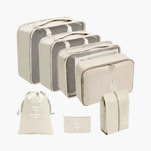 Kit organizador de mala VibePack contendo bolsas de diferentes tamanhos para roupas, sapatos e cosméticos, ideal para manter a bagagem feminina perfeitamente arrumada.