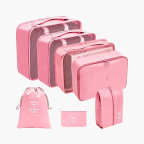 Kit organizador de mala VibePack contendo bolsas de diferentes tamanhos para roupas, sapatos e cosméticos, ideal para manter a bagagem feminina perfeitamente arrumada.