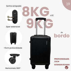Mala de bordo rígida em ABS premium para viagem, com design elegante, ideal para levar na cabine e aprovada no padrão ANAC.