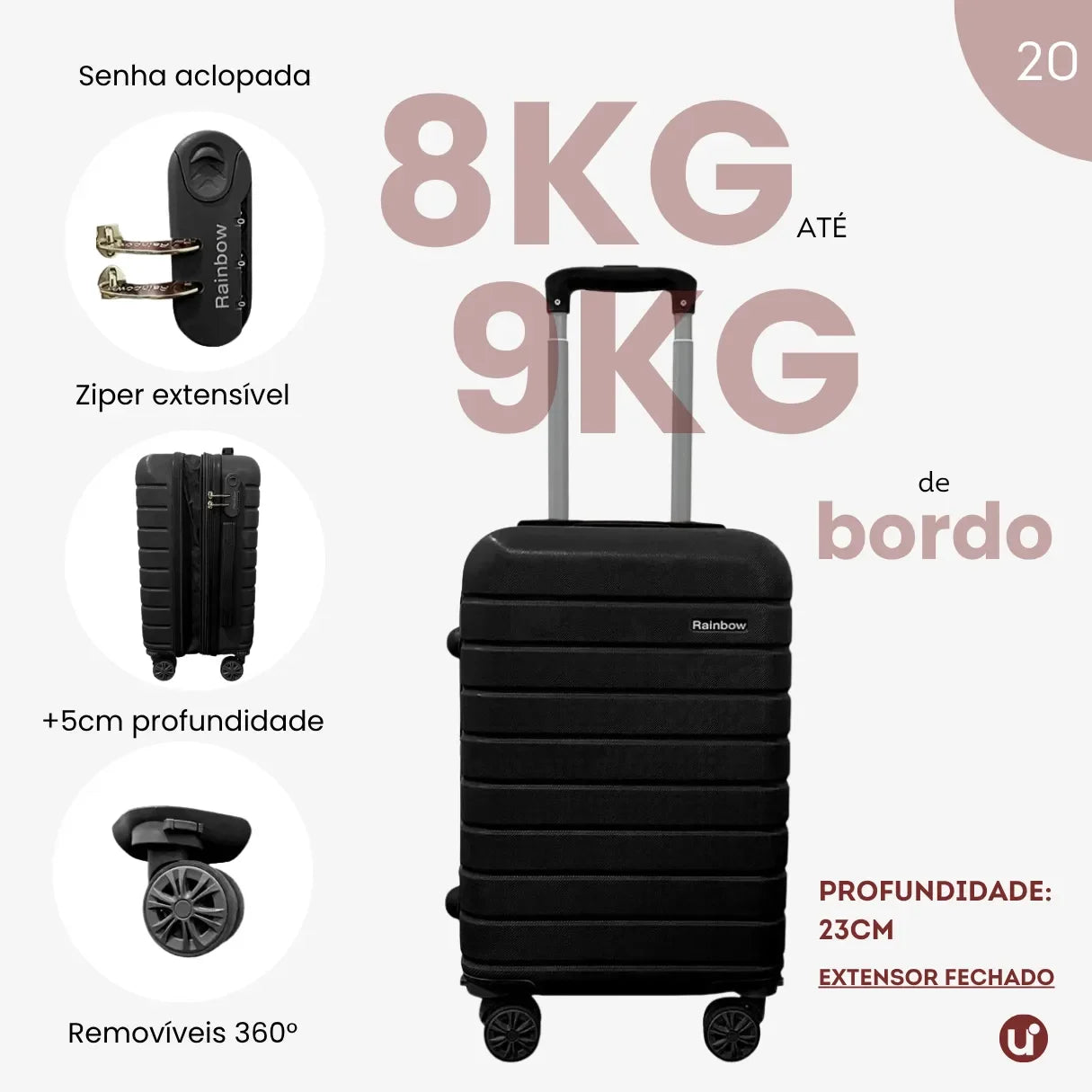 Mala de bordo rígida em ABS premium para viagem, com design elegante, ideal para levar na cabine e aprovada no padrão ANAC.