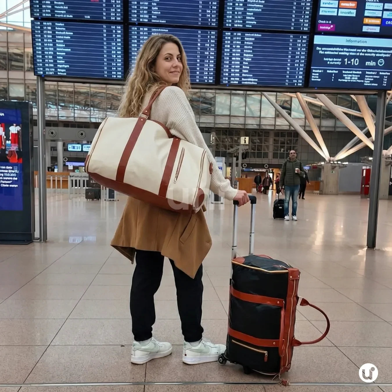 Compartimento inferior independente da mala de mão aberto, demonstrando o espaço exclusivo para guardar sapatos separados das roupas limpas.