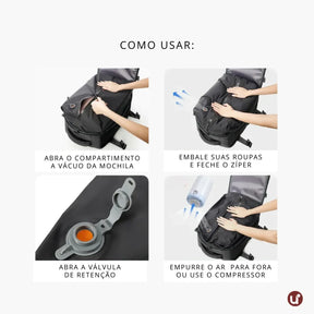 Mochila de viagem feminina e masculina a vácuo Nova BellaJourney em nylon premium, com design moderno e tamanho exato para não pagar taxa de bagagem de mão.