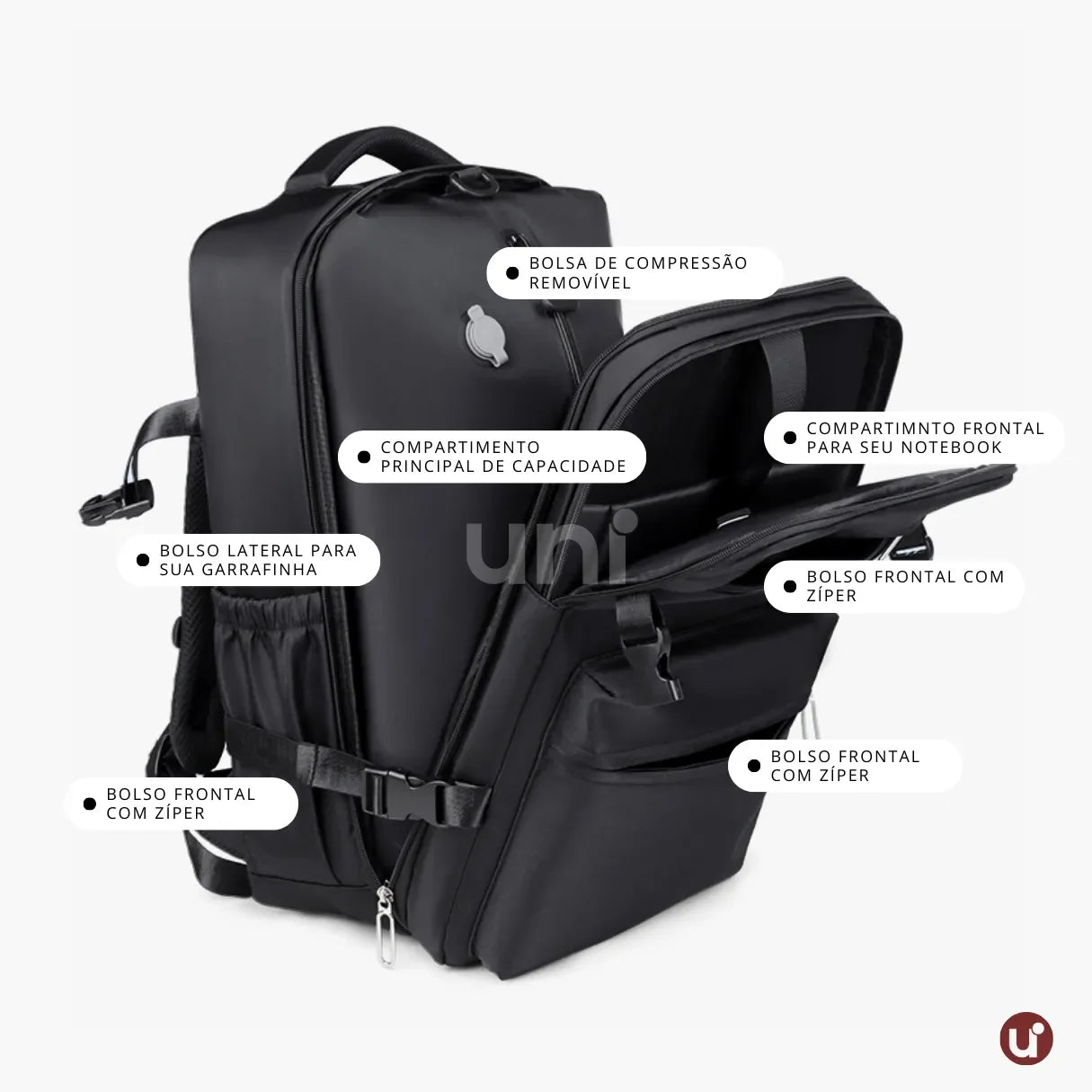 Mochila de viagem feminina e masculina a vácuo Nova BellaJourney em nylon premium, com design moderno e tamanho exato para não pagar taxa de bagagem de mão.