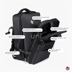 Mochila de viagem feminina e masculina a vácuo Nova BellaJourney em nylon premium, com design moderno e tamanho exato para não pagar taxa de bagagem de mão.