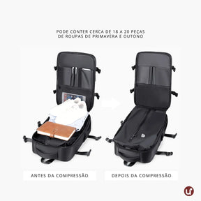 Mochila de viagem feminina e masculina a vácuo Nova BellaJourney em nylon premium, com design moderno e tamanho exato para não pagar taxa de bagagem de mão.