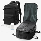 Mochila de viagem feminina e masculina a vácuo Nova BellaJourney em nylon premium, com design moderno e tamanho exato para não pagar taxa de bagagem de mão.