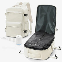 Mochila de viagem feminina e masculina a vácuo Nova BellaJourney em nylon premium, com design moderno e tamanho exato para não pagar taxa de bagagem de mão.