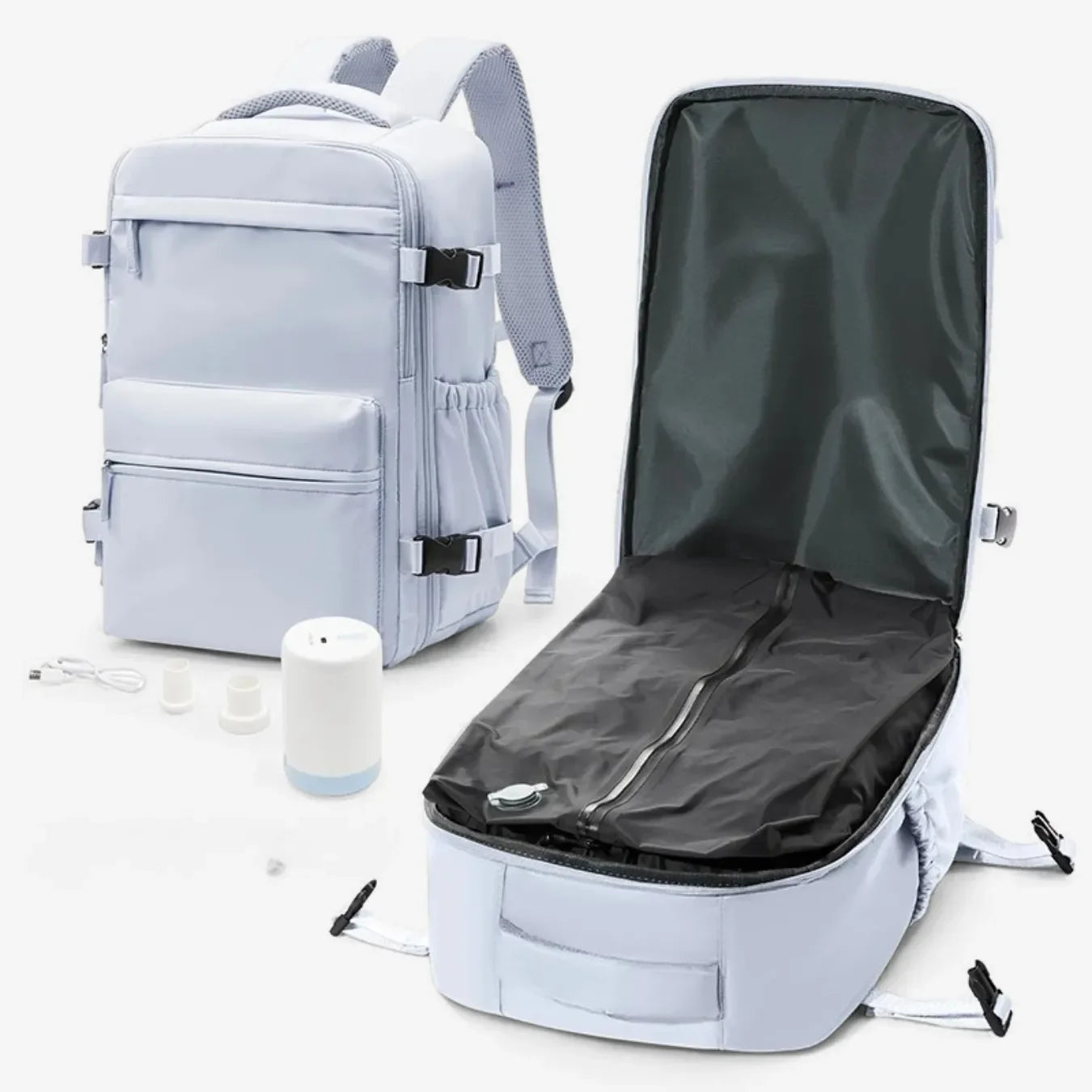 Mochila de viagem feminina e masculina a vácuo Nova BellaJourney em nylon premium, com design moderno e tamanho exato para não pagar taxa de bagagem de mão.