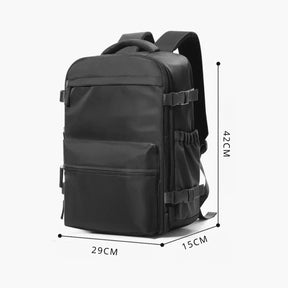 Mochila de viagem feminina e masculina a vácuo Nova BellaJourney em nylon premium, com design moderno e tamanho exato para não pagar taxa de bagagem de mão.
