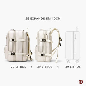 Mochila de viagem expansível feminina BellaJourney 2.0 em tecido Oxford impermeável, com design elegante e tamanho ideal para levar na cabine sem pagar taxa extra.