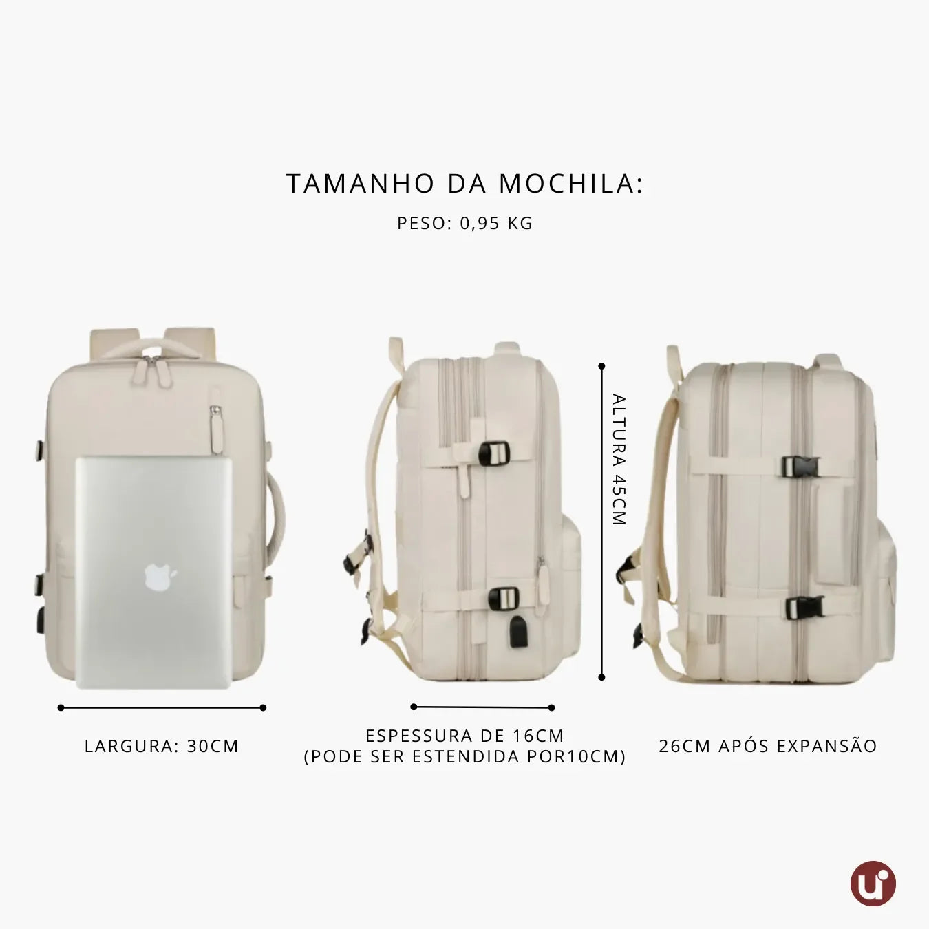 Mochila de viagem expansível feminina BellaJourney 2.0 em tecido Oxford impermeável, com design elegante e tamanho ideal para levar na cabine sem pagar taxa extra.