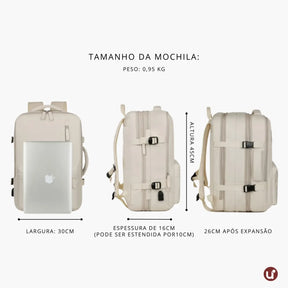 Mochila de viagem expansível feminina BellaJourney 2.0 em tecido Oxford impermeável, com design elegante e tamanho ideal para levar na cabine sem pagar taxa extra.