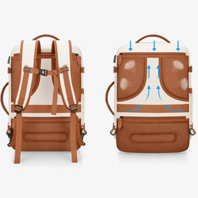 Mochila de viagem NovaTech expansível até 40 litros, com design vintage contemporâneo, ideal para levar na cabine do avião como item pessoal sem pagar taxas.