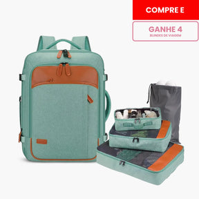 Mochila de viagem NovaTech expansível até 40 litros, com design vintage contemporâneo, ideal para levar na cabine do avião como item pessoal sem pagar taxas.