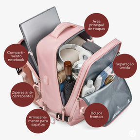 Mochila de viagem feminina BagTravel de 35 litros impermeável, com design moderno e tamanho perfeito para levar como bagagem de mão no avião.