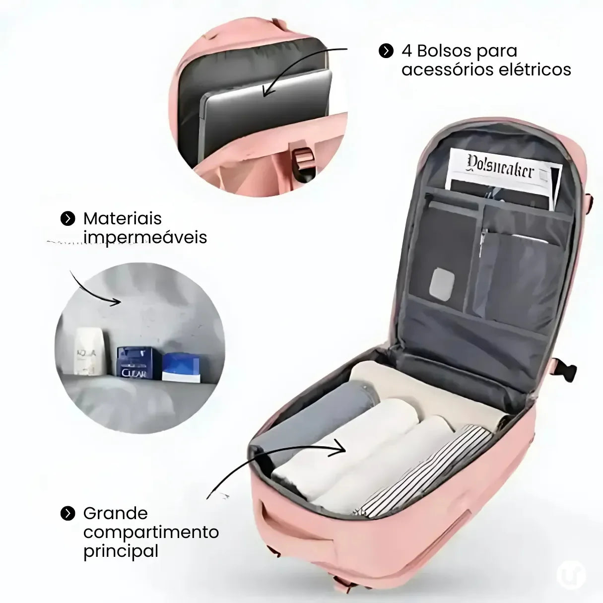 Mochila de viagem feminina BagTravel de 35 litros impermeável, com design moderno e tamanho perfeito para levar como bagagem de mão no avião.