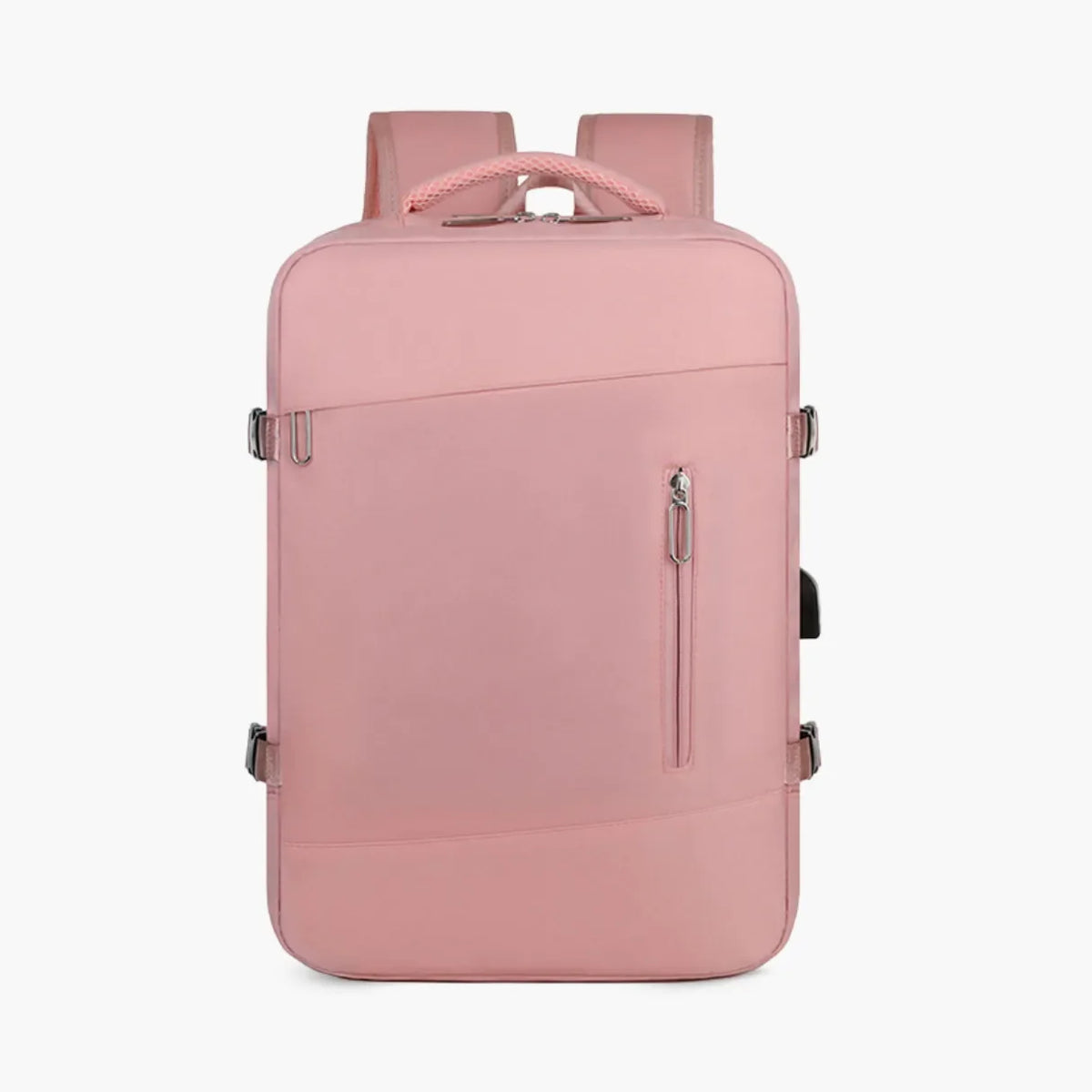 Mochila de viagem feminina TravelMax de 40 litros em nylon impermeável, com design moderno e tamanho ideal para ser usada como bagagem de mão no avião.