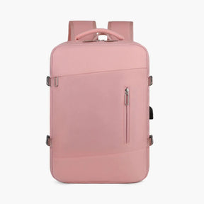 Mochila de viagem feminina TravelMax de 40 litros em nylon impermeável, com design moderno e tamanho ideal para ser usada como bagagem de mão no avião.