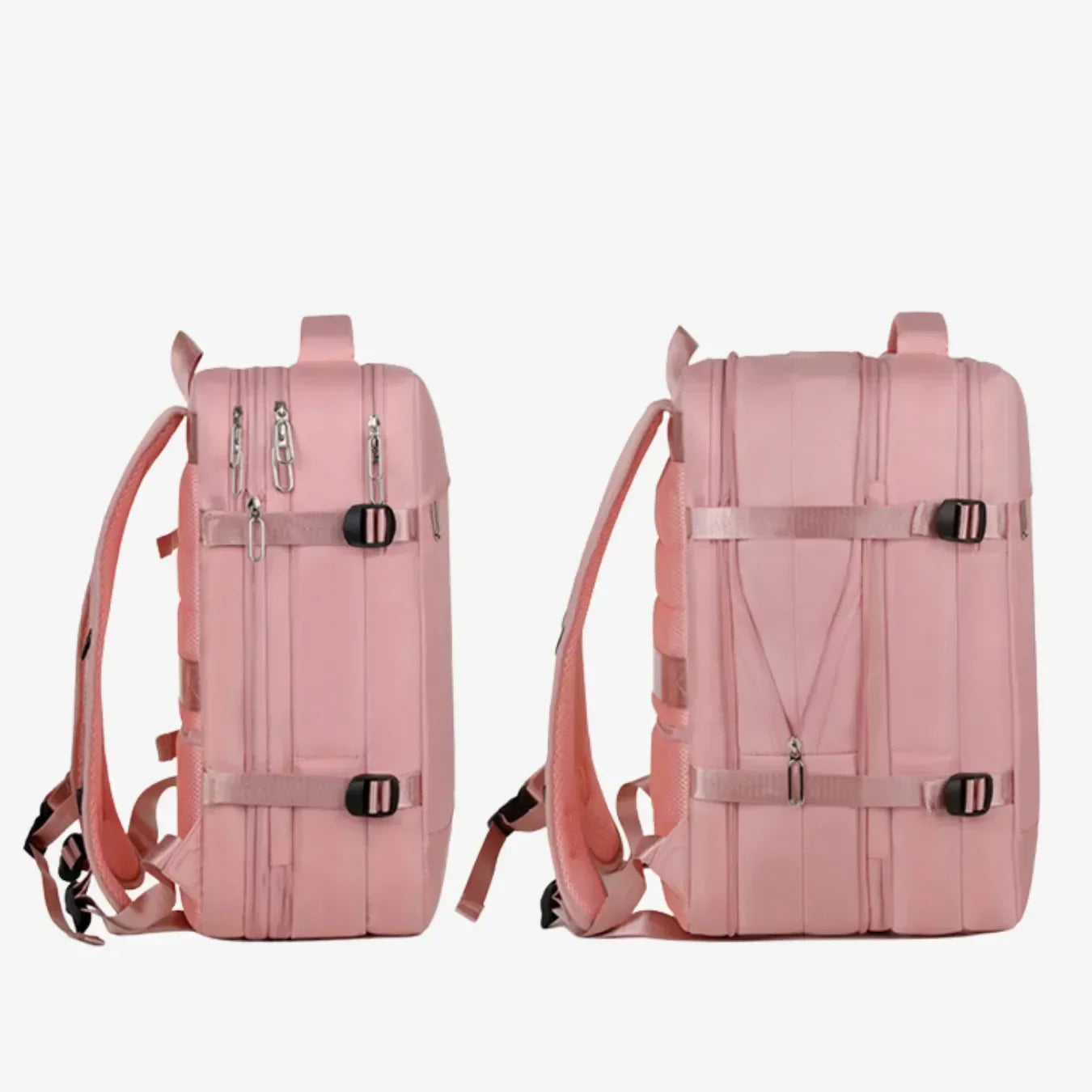 Mochila de viagem feminina TravelMax de 40 litros em nylon impermeável, com design moderno e tamanho ideal para ser usada como bagagem de mão no avião.