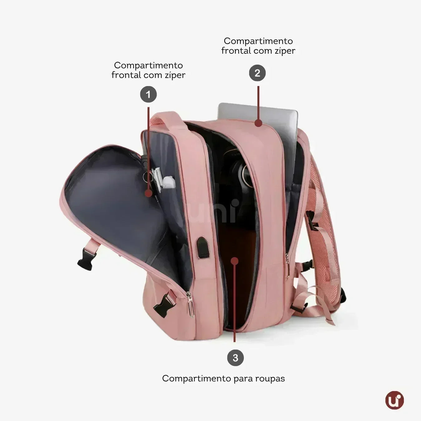 Mochila de viagem feminina TravelMax de 40 litros em nylon impermeável, com design moderno e tamanho ideal para ser usada como bagagem de mão no avião.